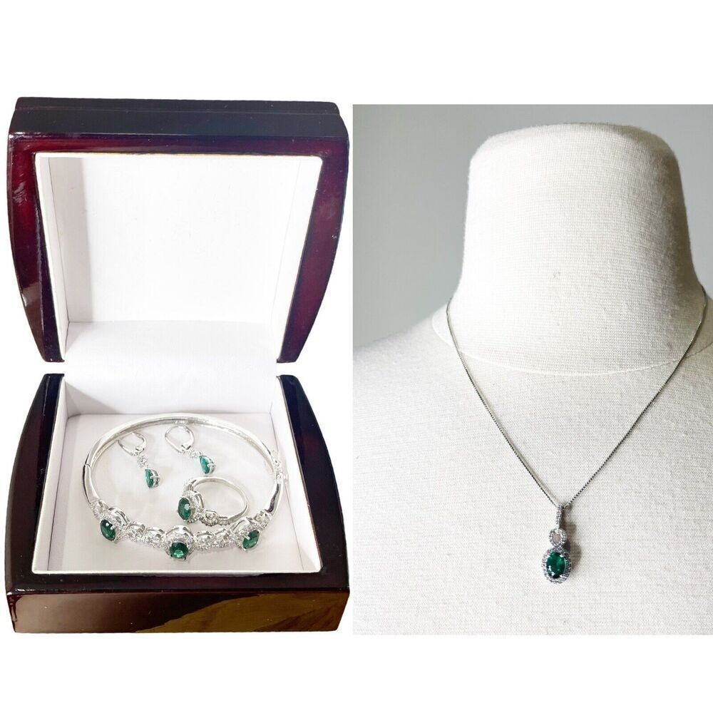 BR Sun Jewelry Set-Simu. Emerald/CZ Silver Tone: Necklace/Ring/Earrings/Bracelet